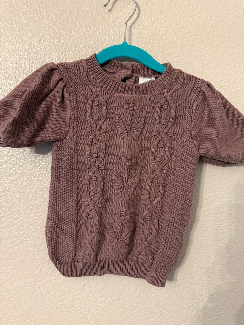 Jamie Kay Mauve Short-Sleeve Knit Sweater with Floral Cable Detail